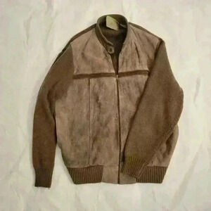 Vintage Leather & Knit Bomber Jacket 80s/90s Mixed Media Zip-Up Brown Retro M